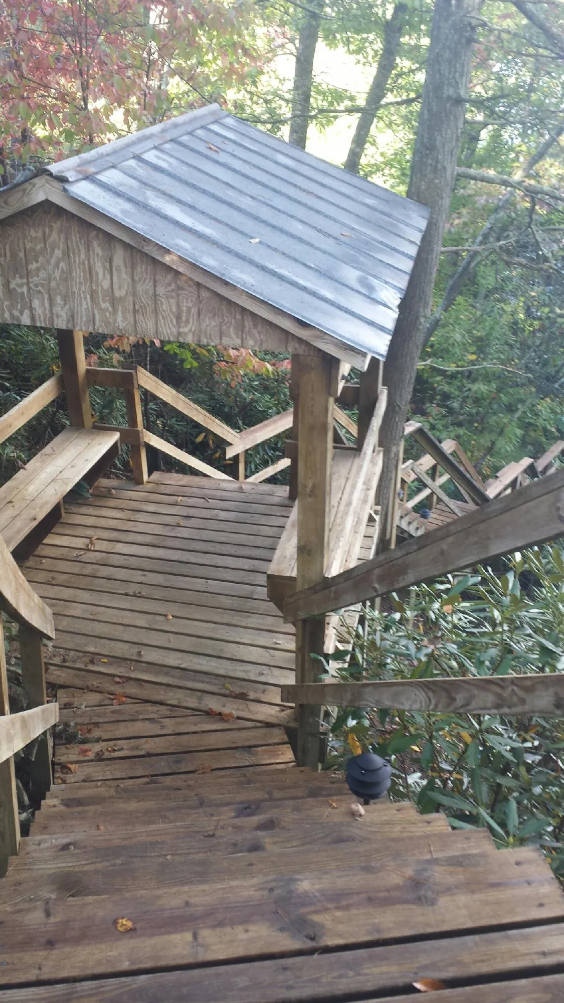 Metal roofed shelter over wooden steps on a wooded walkway — Skylight Repair & Installation work by our crew in Hodges
